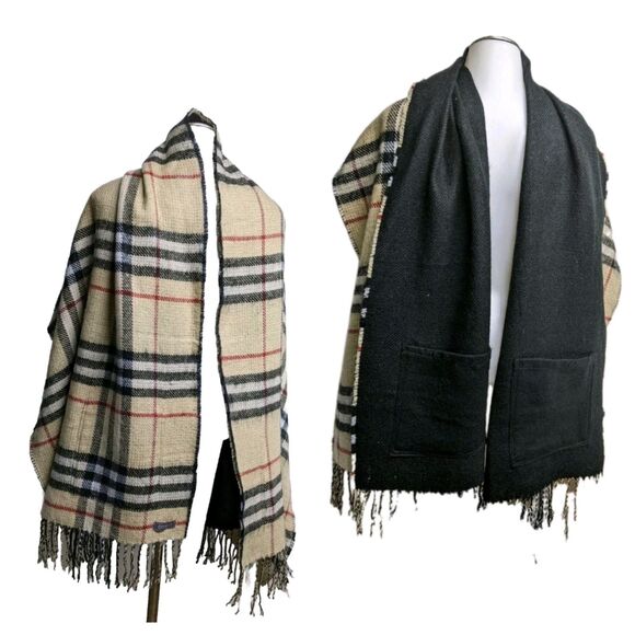 Code Scarf / Wrap / Shawl Plaid Beige Fringe Unisex Reversible Neckwear Pockets - Picture 1 of 10